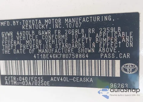 2008 Toyota Camry Se z USA, uszkodzony, nr VIN 4T1BE46K78U758864